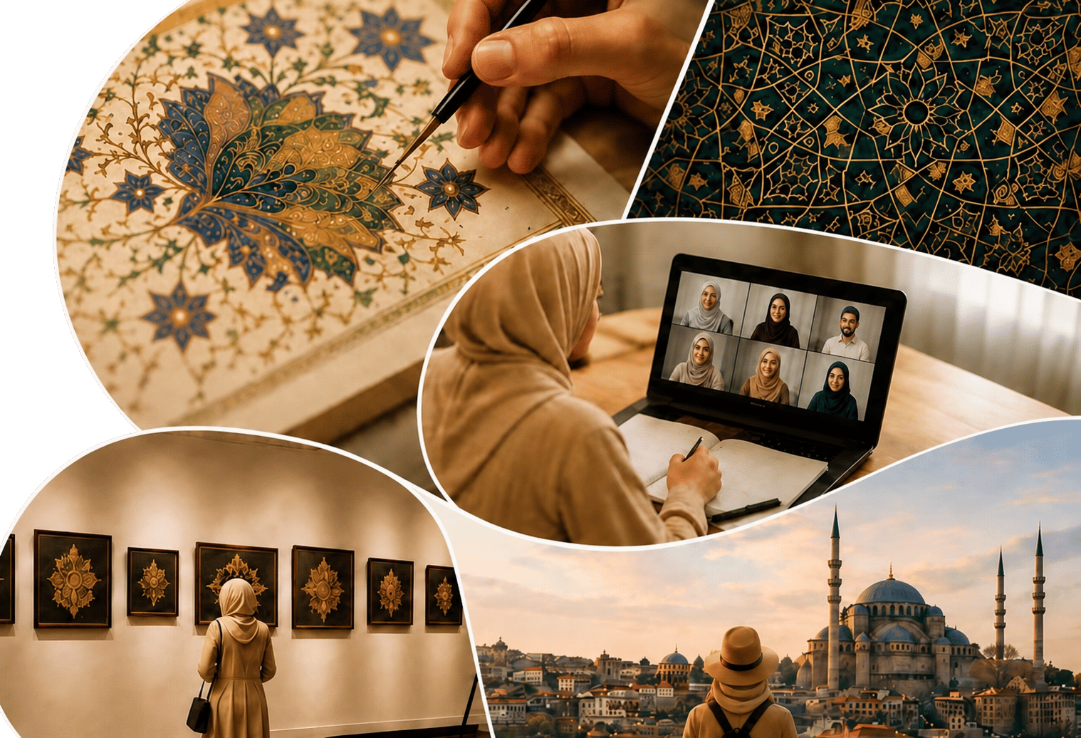 Tezhip çalışması, online sınıf, sanat sergisi ve İstanbul'dan oluşan kolaj